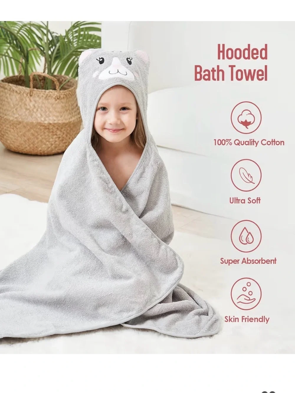 Kids Hooded Cat Towel Wrap - Gray 100% cotton
